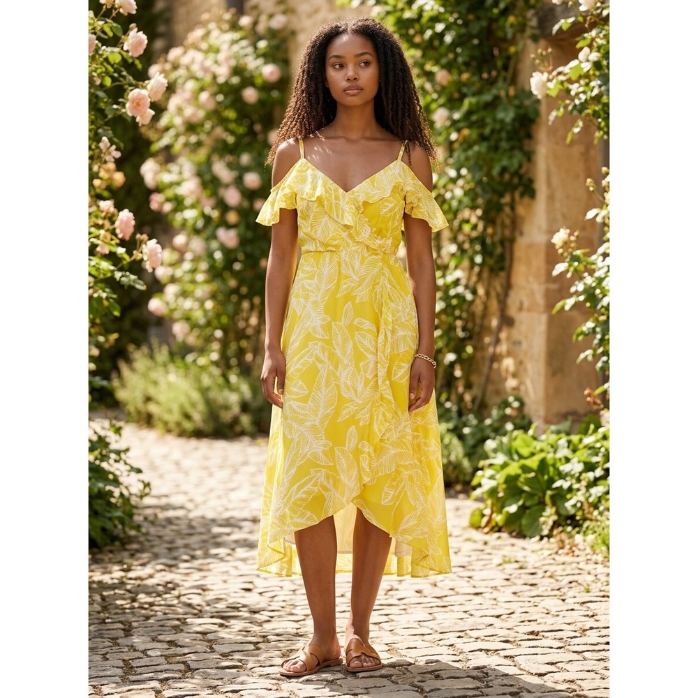 Torrid Yellow Tropical Leaf Cold Shoulder Ruffle Wrap Midi Dress Plus Size 2 2X